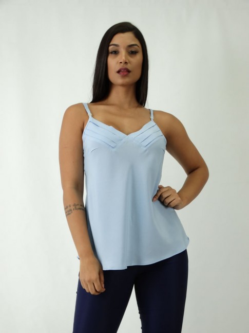 Blusa em Viscose de alca Decote V com Detalhes Azul Claro [1809214]