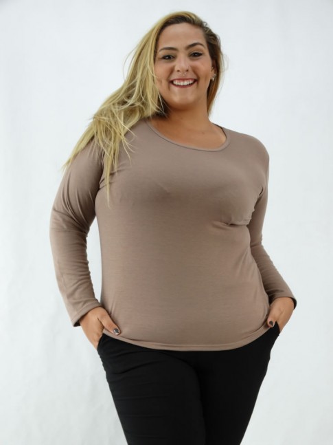 Blusa em Viscolycra Manga Longa Bege Escuro Plus Size [2003143]