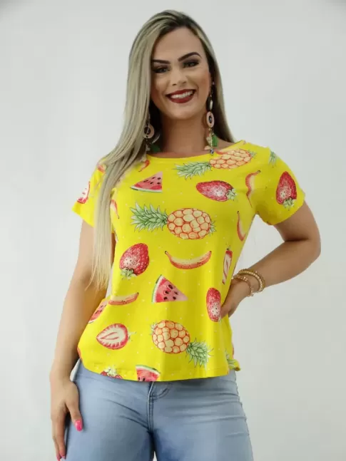 T-shirt Baby Look em Viscolycra Amarelo Frutas [2002015]