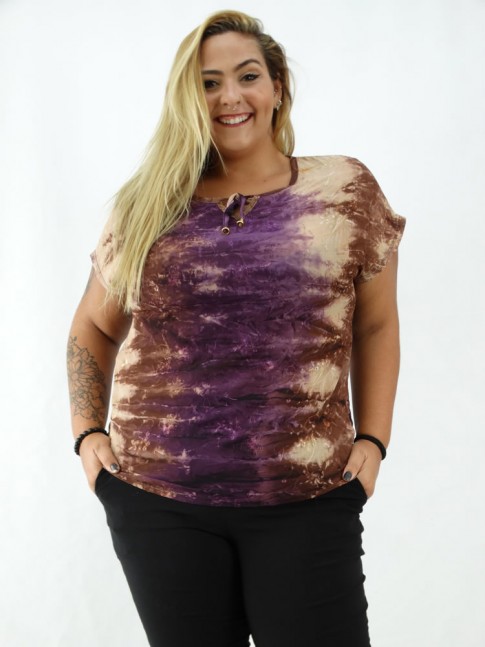 Blusa em Crepe decote V com Bordado Tie Dye Marrom com Lilás [2003137]