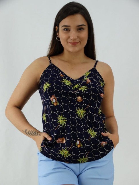 Blusa de Alça Decote V com Detalhes em Viscose Azul Marinho Coconut [2003008]