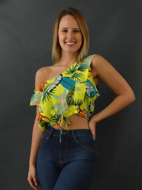 Blusa Cropped Detalhe Sobreposto Bainha Elastico em Viscose Amarelo Folhas [2111011] 