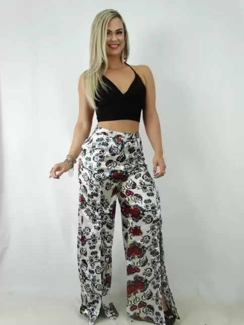 Calça Pantalona com Fendas em Cetim Branco Estampado [1901226]