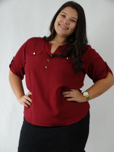 Blusa em Viscose Decote V com Botoes Marsala Plus Size [2003151]