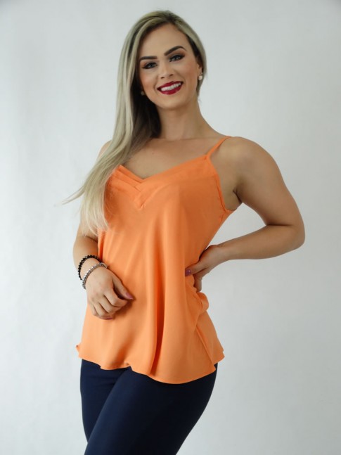 Blusa em Viscose de Alça Decote V com Detalhes Coral [1910035]