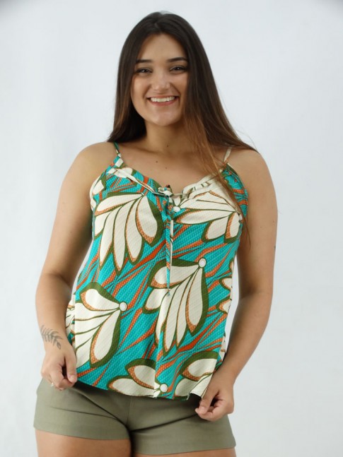 Blusa em Viscose Detalhe Nuvem no Decote Verde Agua Flores [2003001]