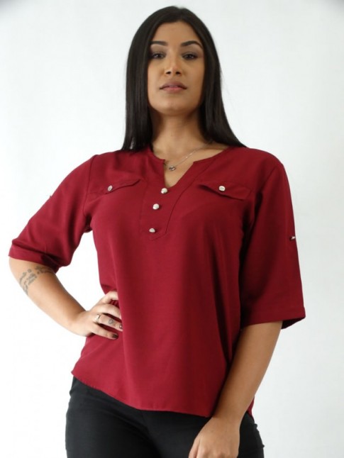 Blusa em Viscose Decote V com Botões Marsala [2003146]