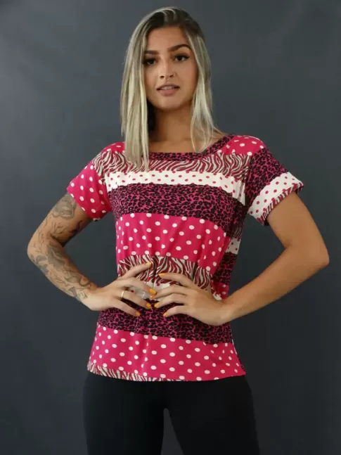 Blusa T-shirt Estampada em Viscolycra Rosa Onça Poá [2101110]