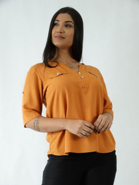 Blusa em Viscose Decote V com Botoes Mostarda [2003145]