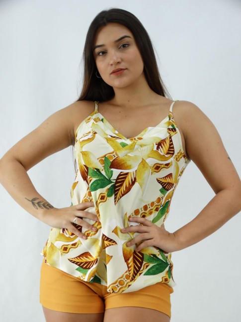 Blusa de Alça Decote V com Detalhes em Viscose Off Folhas Amarelo [2003009]