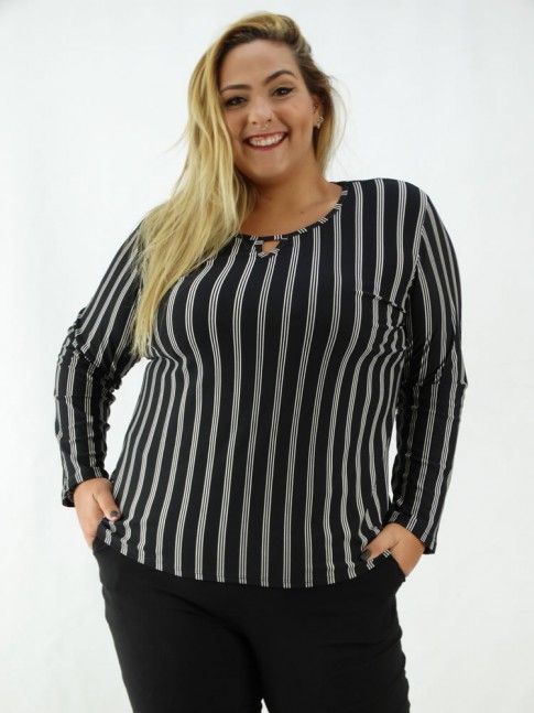 Blusa em Crepe Decote V Manga Longa Preto com Listras Plus Size [2003141]