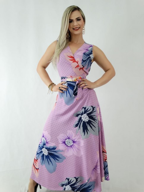 Vestido em Viscose Envelope Transpassado Lilás Poá Flores [1907045]