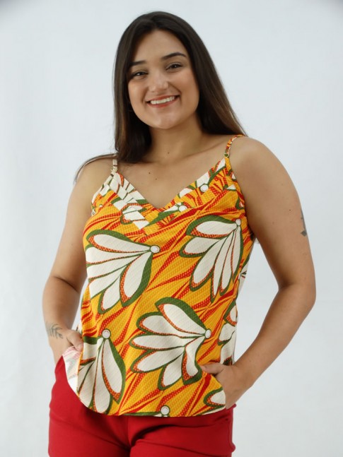 Blusa de Alça Decote V com Detalhes em Viscose Laranja Riscos Vermelho [2003011]