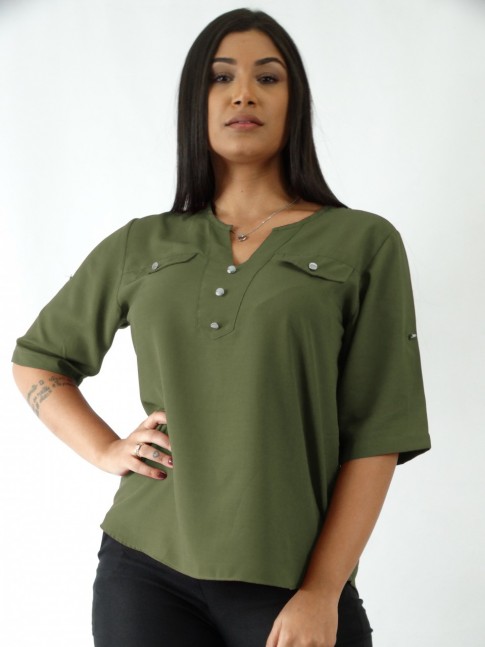 Blusa em Viscose Decote V com Botoes Verde Militar [2003144]