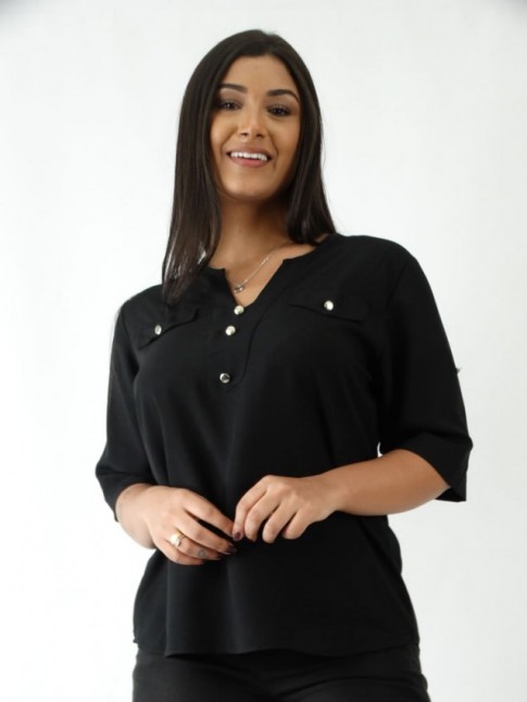 Blusa em Viscose Decote V com Botões Preto [2003147]