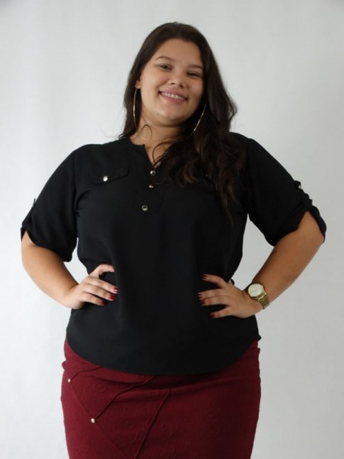 Blusa em Viscose Decote V com Botoes Preto Plus Size [2003149]