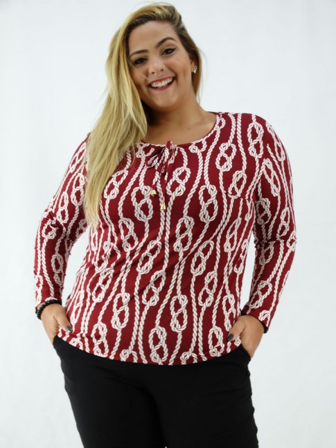 Blusa em Liganete Decote V Manga Longa Vermelho Cordas Plus Size [2003139]