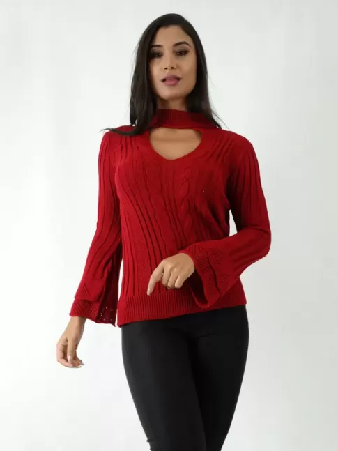 Blusa em Tricot Detalhes Manga Longa Flare Decote Diamante Vermelho [1904125]