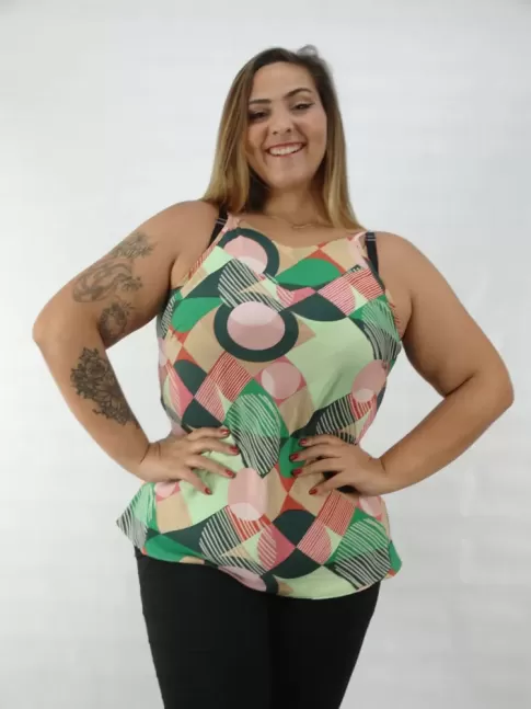 Blusa Feminina de Alca Decote V Pala em Viscose Plus Size Etnico Colors [2209054]