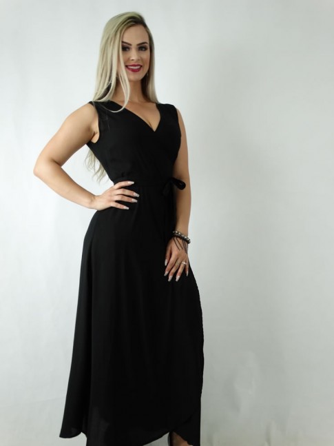 Vestido em Viscose Envelope Transpassado de Alça Larga Preto [1905013]