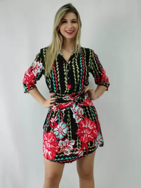 Vestido em Viscose Meia Manga com Amarracao [1810079]