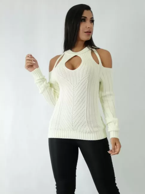 Blusa em Tricot Manga Longa Decote Gota Manga Vazada Off White [1904099]